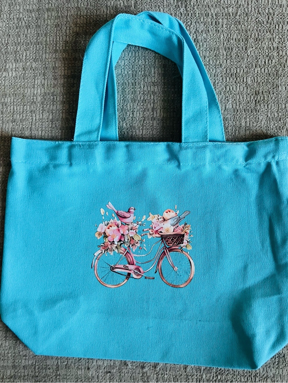 Women’s Aqua Blue Canvas Mid Size Floral/Bike Design Tote Bag NWT
